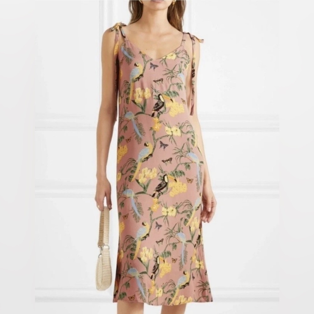 Reformation Jade Printed Crepe Midi Dress Pink Floral Bird Print‎ Size Small
